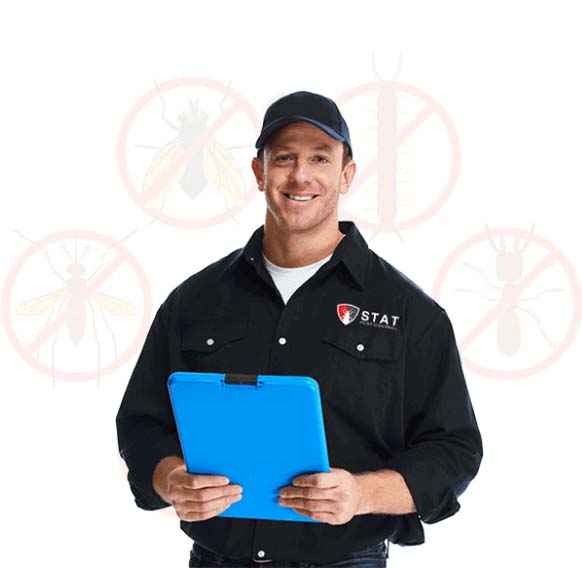 A man in a black Stat Pest Control uniform and cap holds a blue clipboard, smiling at the camera. The uniform has a "STAT" patch, and faded insect icons with red prohibition signs are visible in the background.