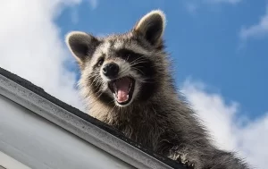 A raccoon is perched on the edge of a roof, looking downward with its mouth open and showing its teeth. The sky in the background is blue with some clouds—a reminder to call Stat Pest Control for humane wildlife solutions.