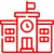 Red outline icon of a school building with a clock above the entrance, four windows, and a flag on the roof—ideal for illustrating Stat Pest Control’s commitment to safe, pest-free learning environments.
