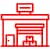 A simple red line drawing of a warehouse building with a large door, a smaller side door, several stacked boxes, and a rectangular roof sign featuring the Stat Pest Control logo.