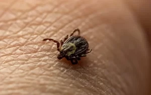 Close-up image of a tick crawling on human skin, capturing the skin's texture and the detailed features of the tick’s body and legs—an example of what Stat Pest Control helps protect against.